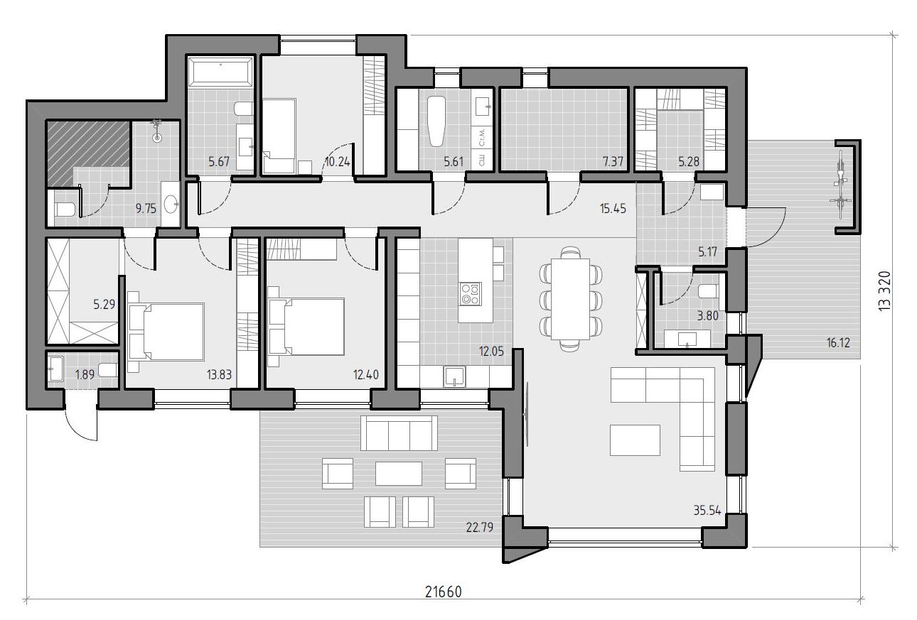 Проект одноэтажного дома c плоской крышей Hauswerk-150